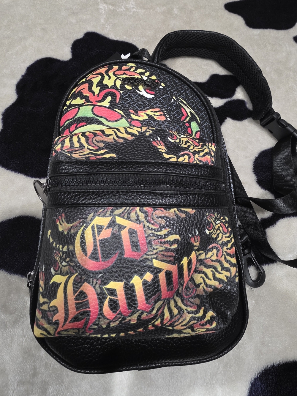 Ed Hardy Black Sling Belt Bag with Red, Yellow & Green Tiger Graphic